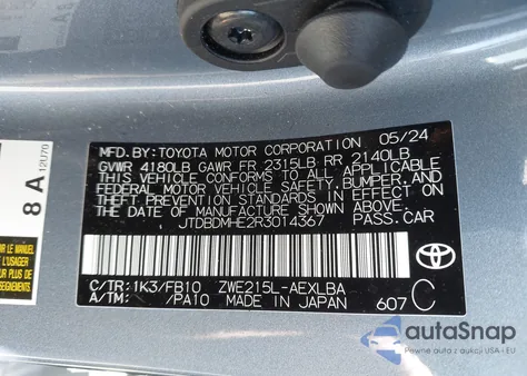 2024 Toyota Corolla Hybrid Le z USA, uszkodzony, nr VIN JTDBDMHE2R3014367